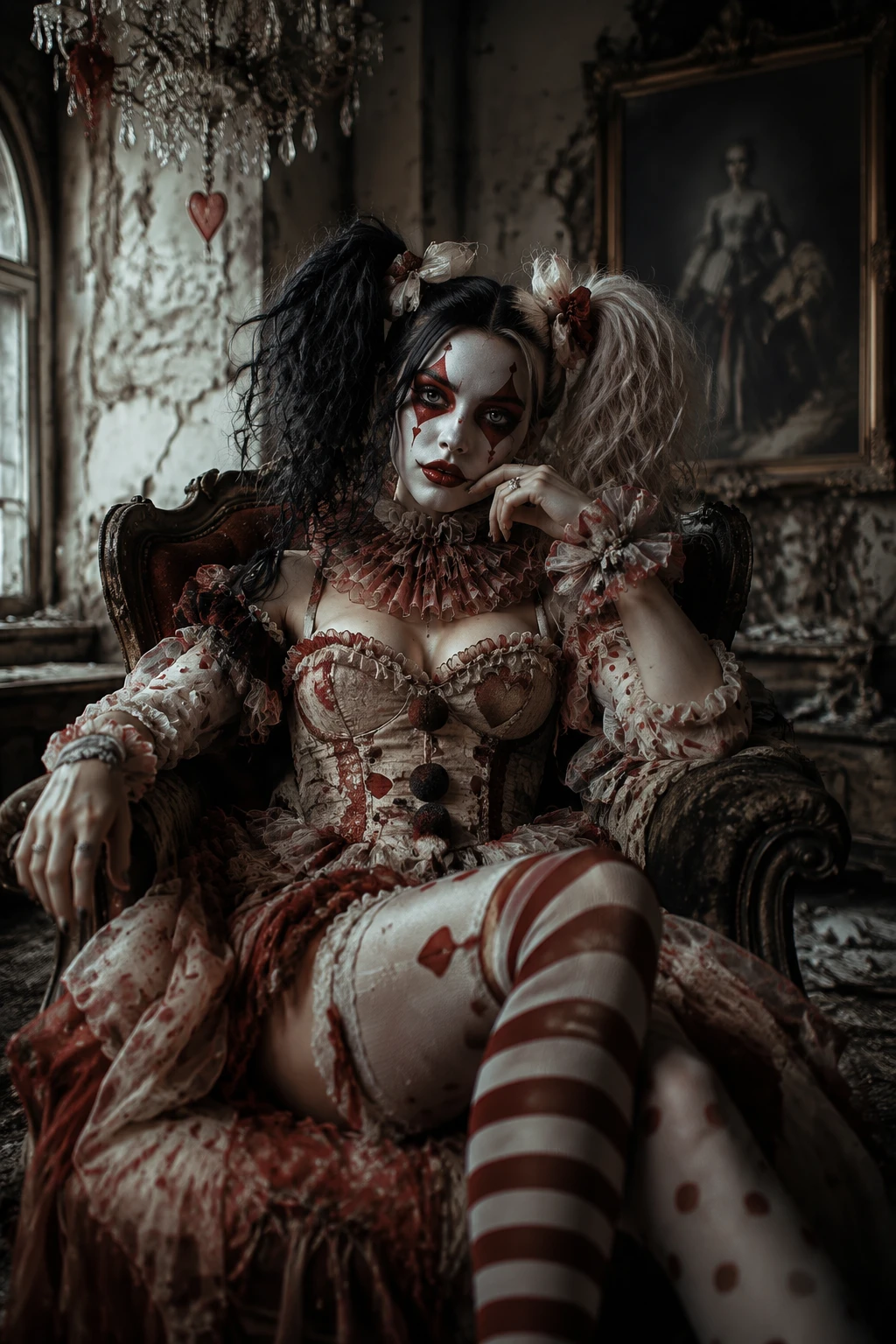 Mulher arlequina gótica em uma sala cinematográfica abandonada