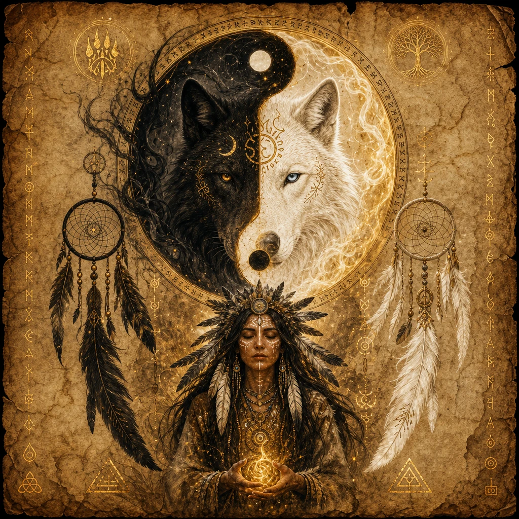 Lobos místicos yin yang em pergaminho envelhecido