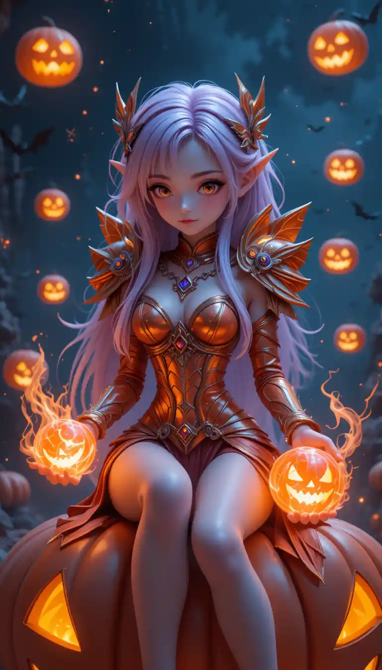 Chica vampira medio elfa tímida en estilo semi chibi sobre una calabaza