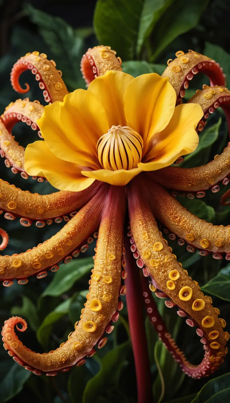 Fiore dorato fantastico con tentacoli cremisi simili a un polpo