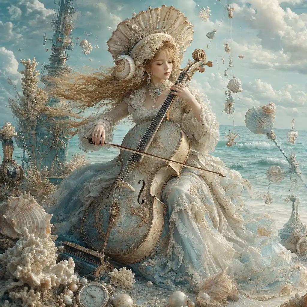 Surreal woman playing cello on quiet seashell shore