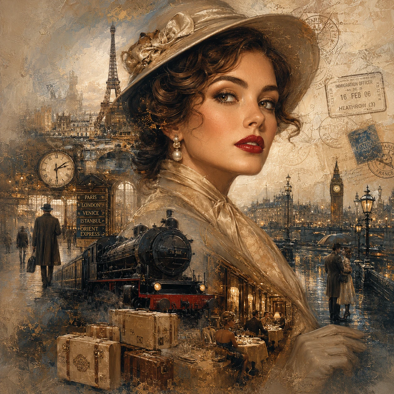 Portrait glamour de femme vintage avec collage de voyage luxueux