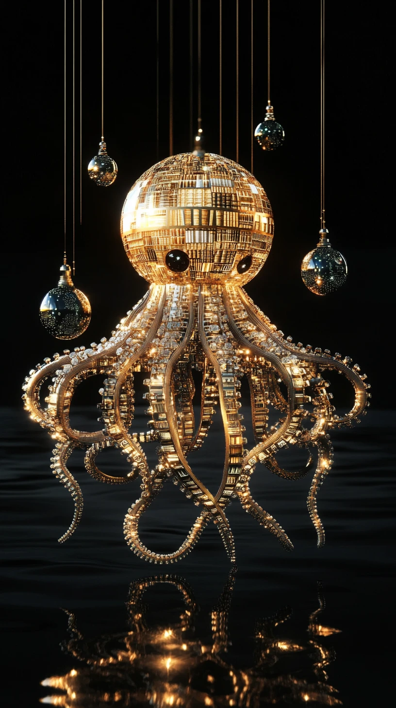 Surrealer architektonischer Oktopus über einem kosmischen schwarzen Ozean