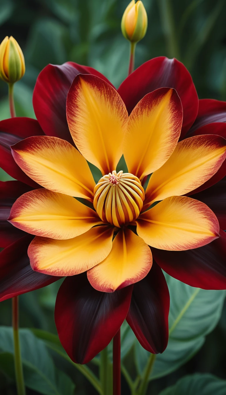 Makro-Nahaufnahme einer goldenen Fantasieblume im Sonnenlicht