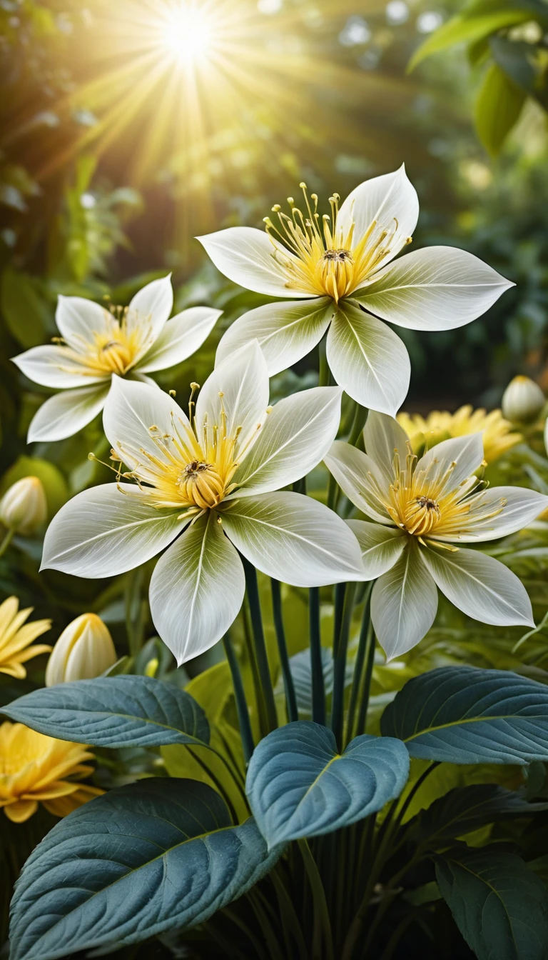 Flor fantástica surreal branca e verde em jardim banhado pelo sol