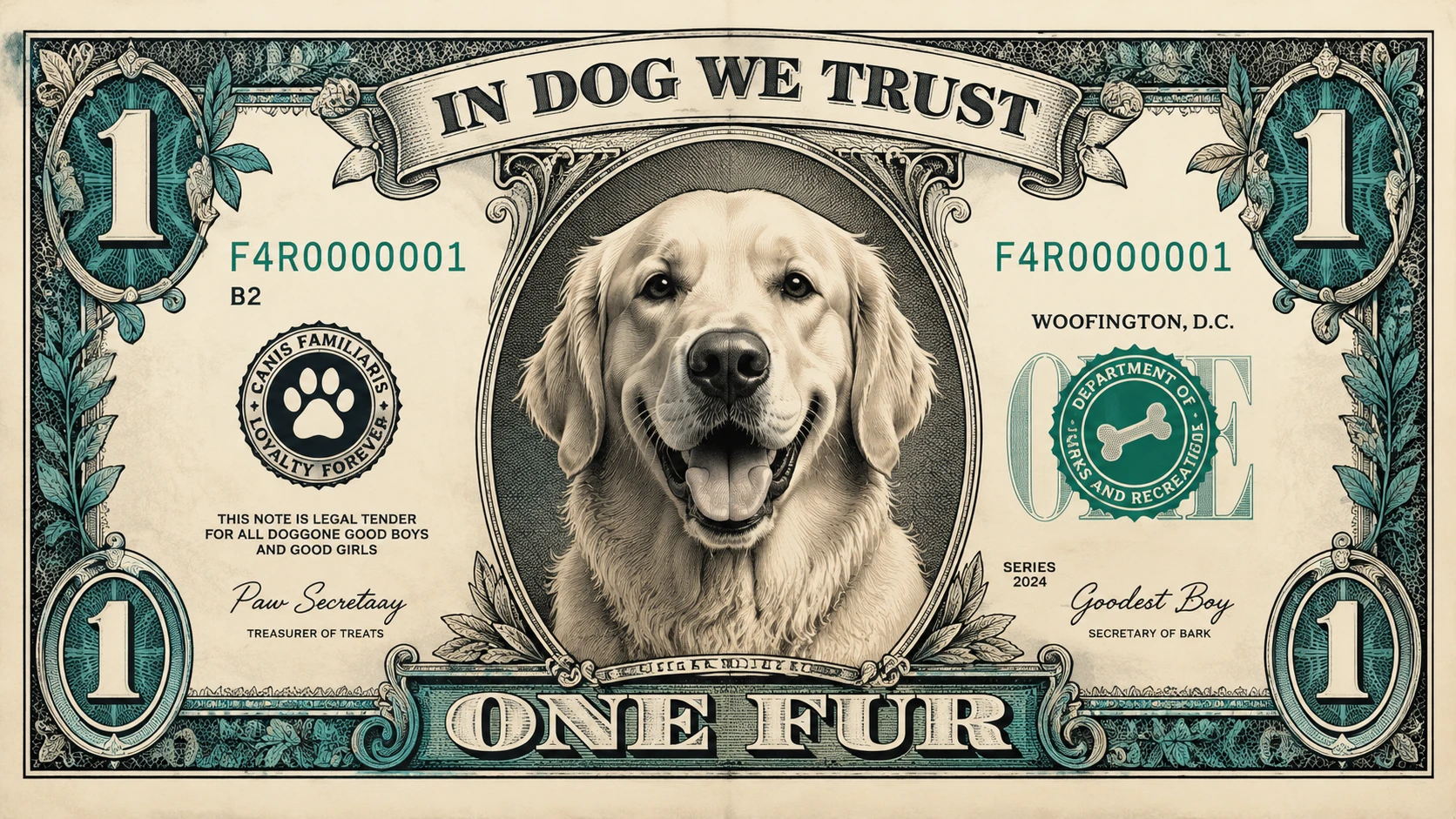 One fur dog themed dollar style banknote illustration