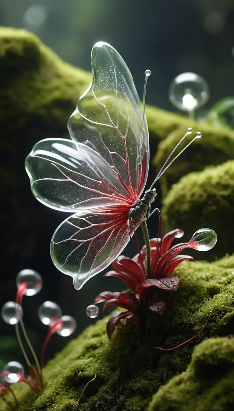 Fiore farfalla di cristallo su una scogliera montana muschiosa illuminata dal sole