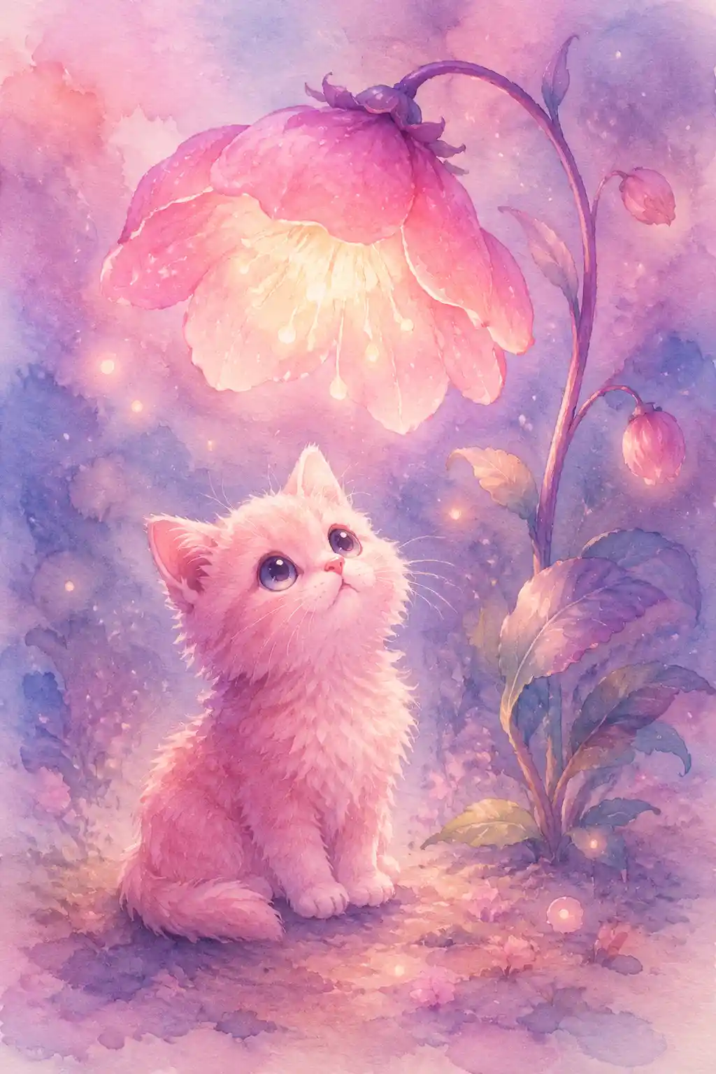 Adorable Pink Kitten Under A Glowing Fantasy Flower
