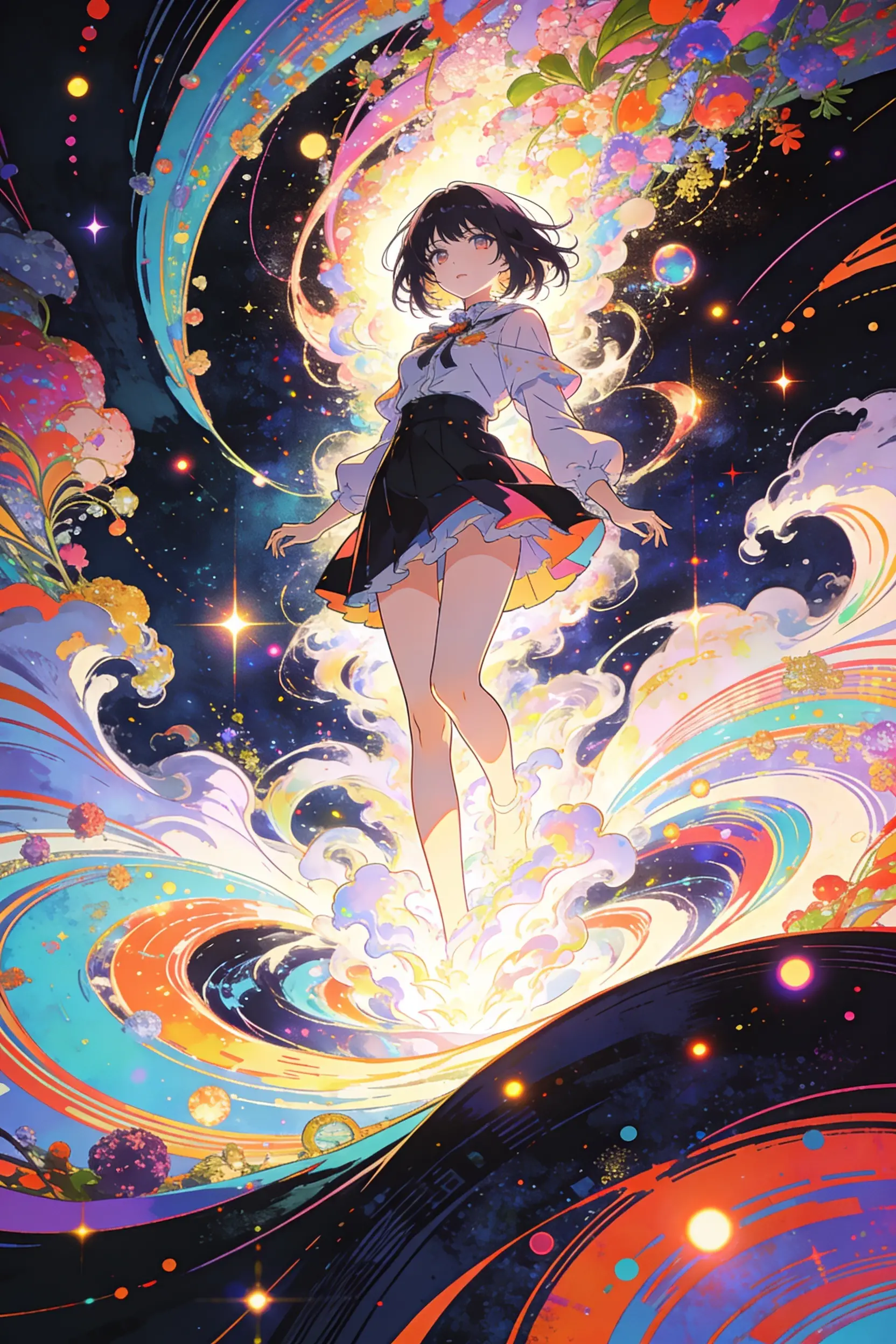 從超現實發光數位霧氣中浮現的動漫女子