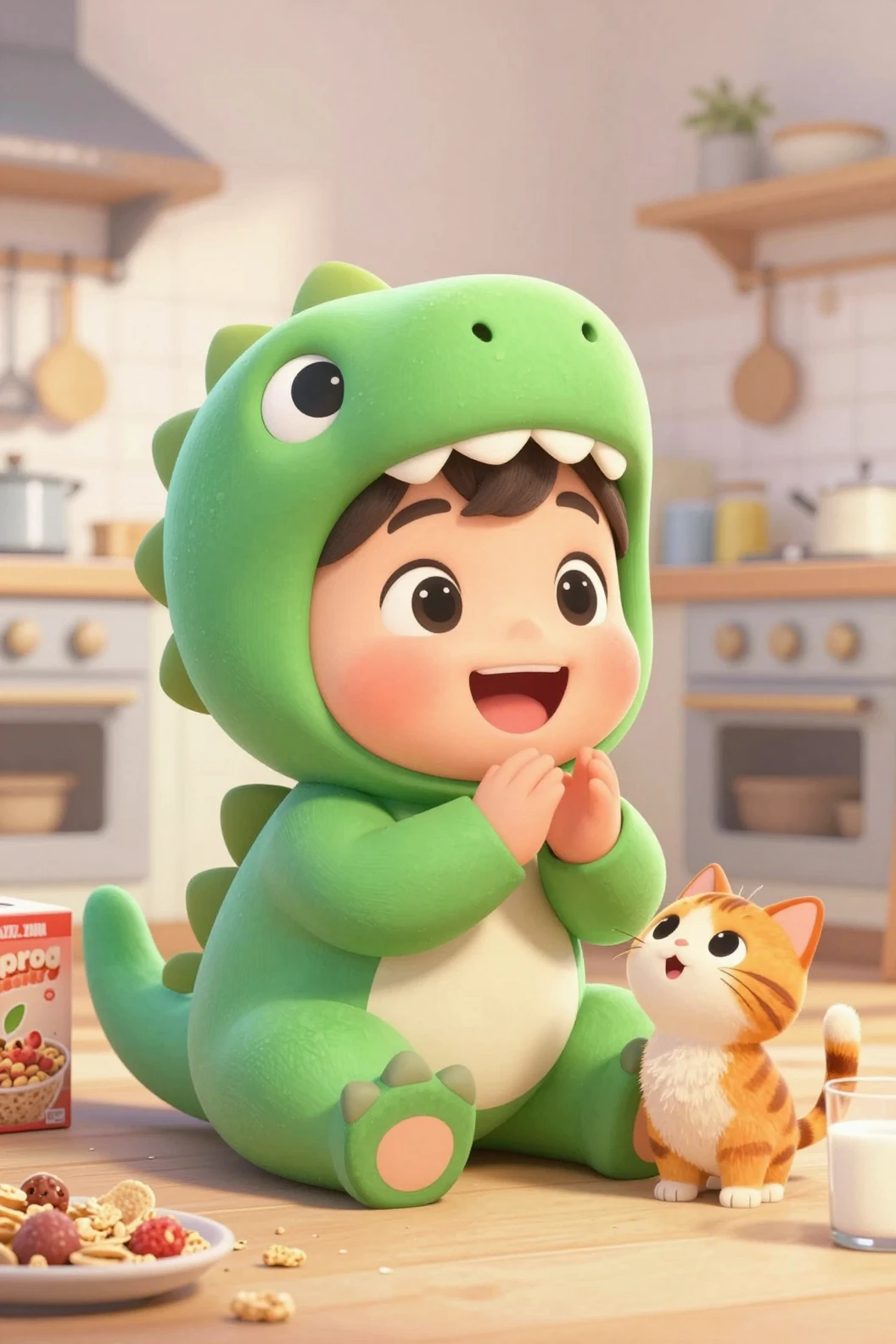 Criança de fantasia de dinossauro rindo no chão bagunçado da cozinha