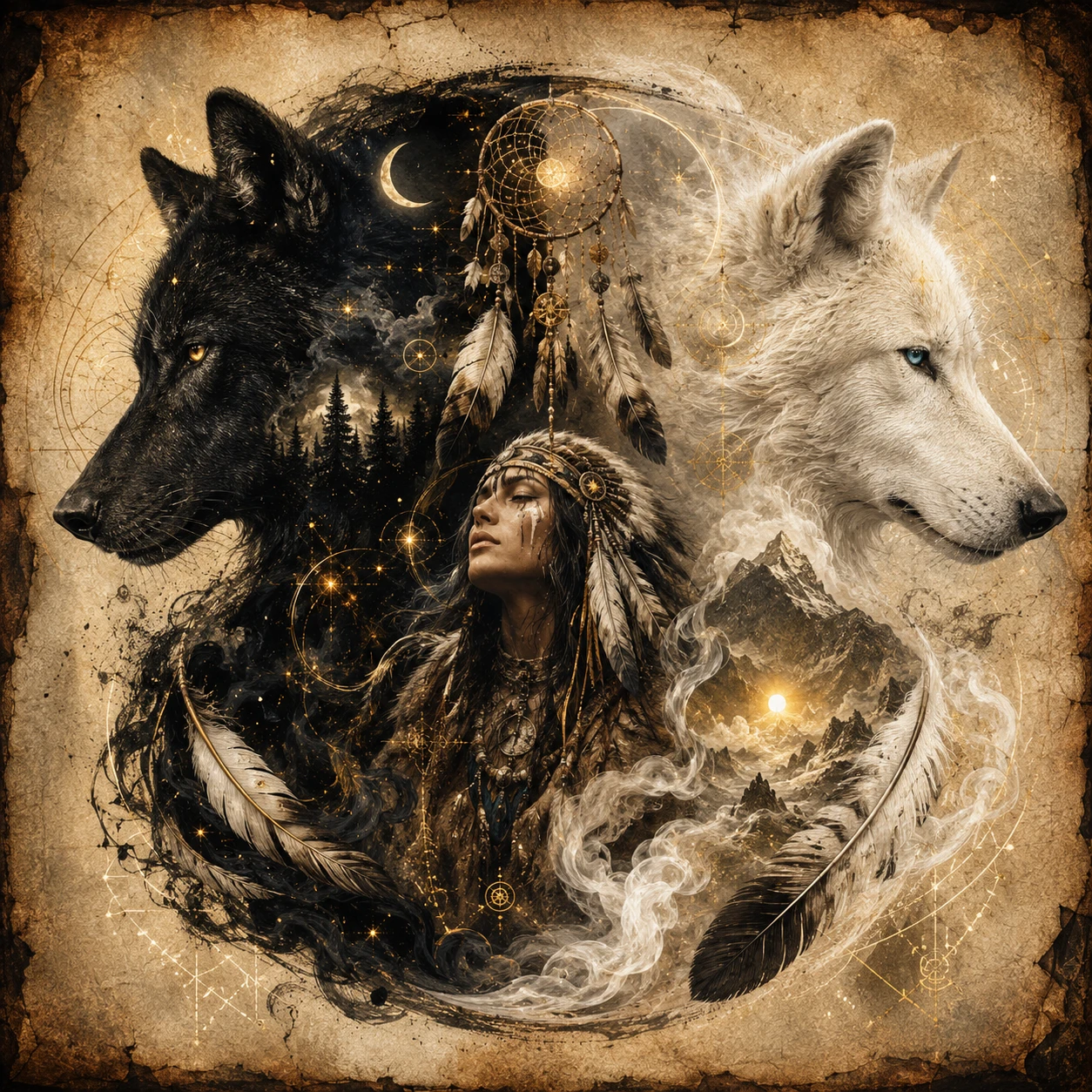 Exposição Dupla Mística de Espíritos de Lobo Yin e Yang