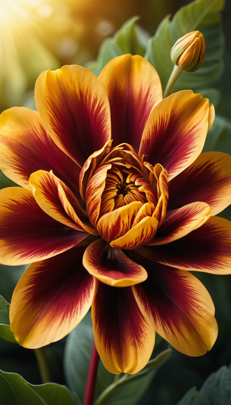 Flor dourada surreal com fitas vermelhas em espiral no jardim