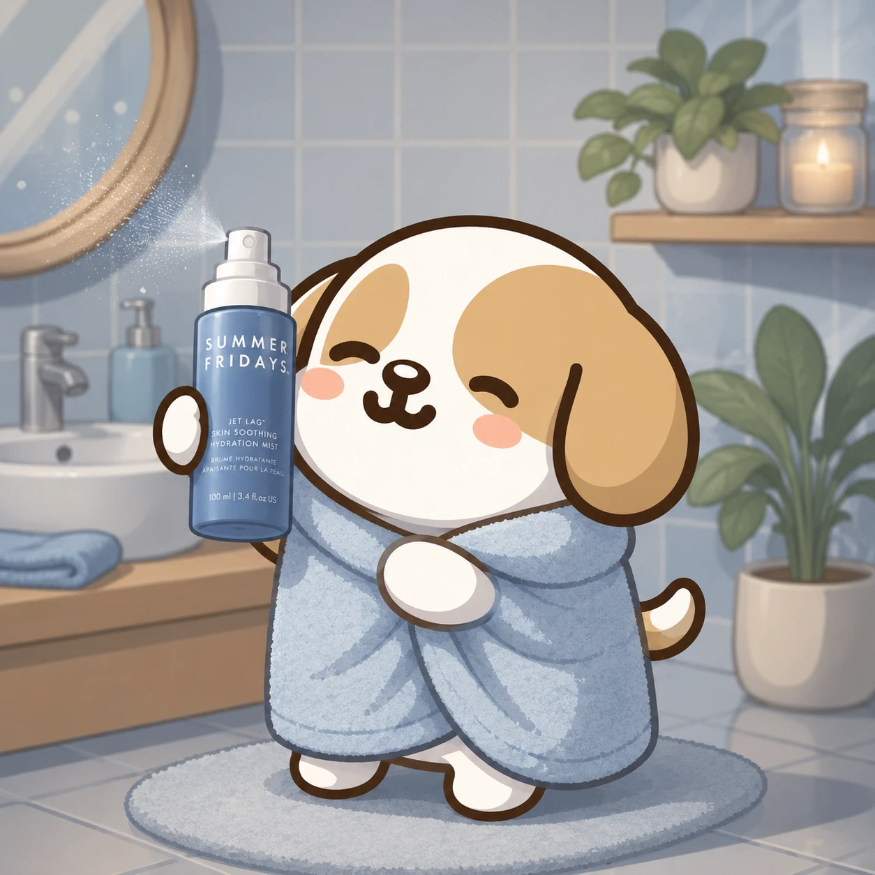 Cane cartoon in bagno che usa uno spray con l’asciugamano avvolto