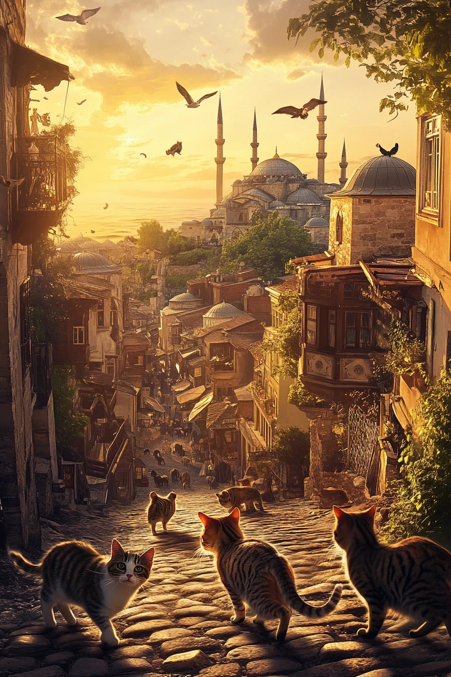日差しに照らされたトルコの石畳の通りを歩く猫たち