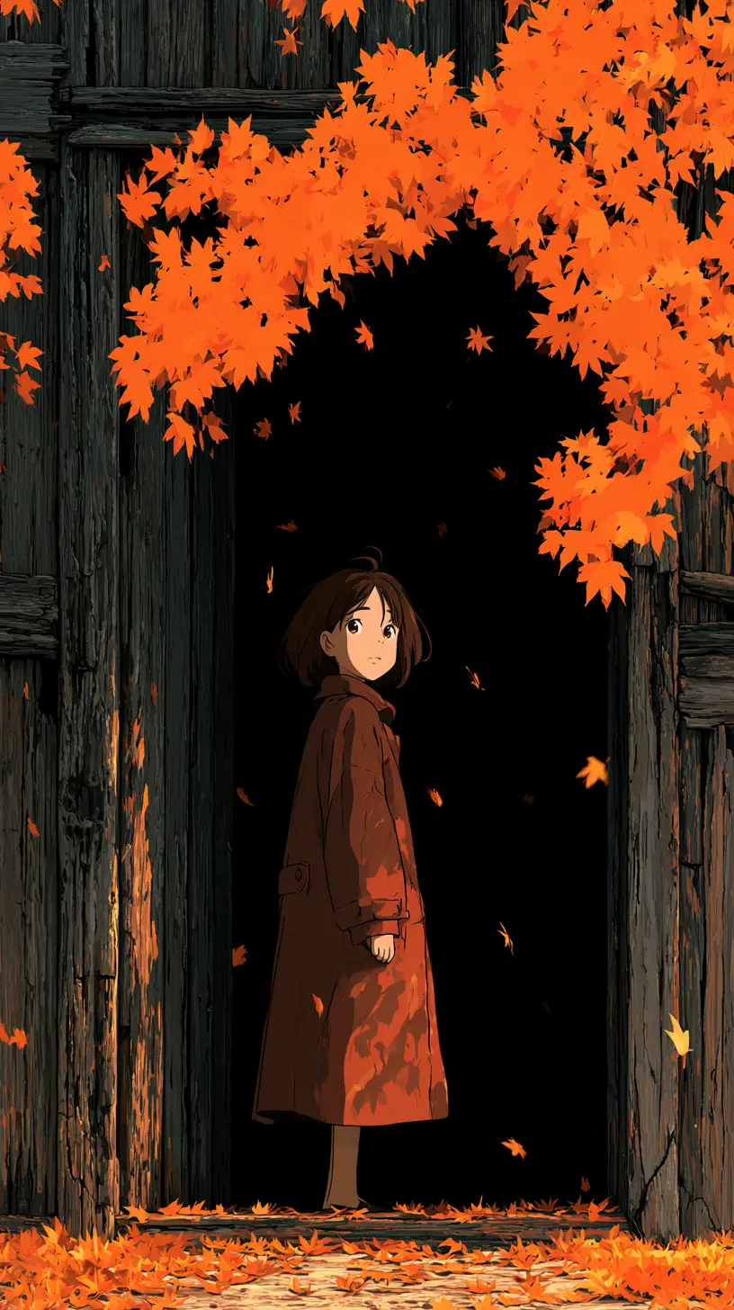 Ragazza anime in una porta autunnale con foglie d'acero che cadono