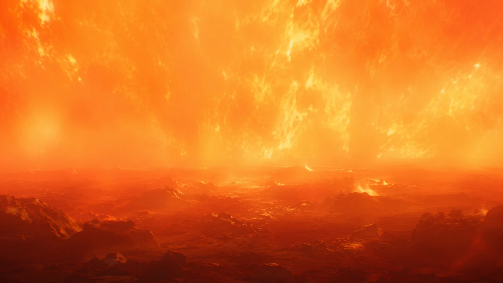 Soleil géant rouge aveuglant planant au-dessus de la surface de Vénus