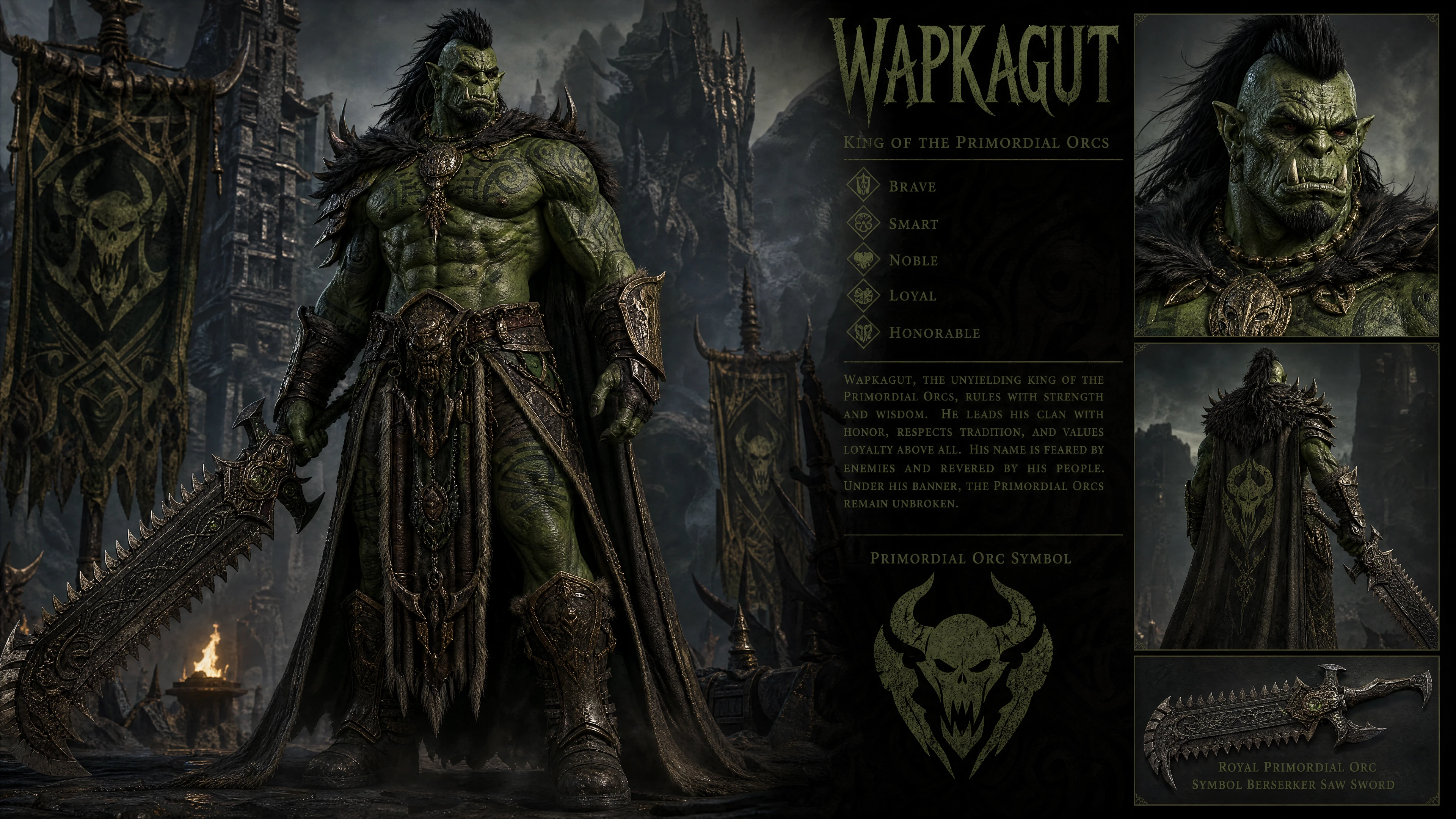 Roi orc primordial guerrier aux yeux cramoisis et tatouages