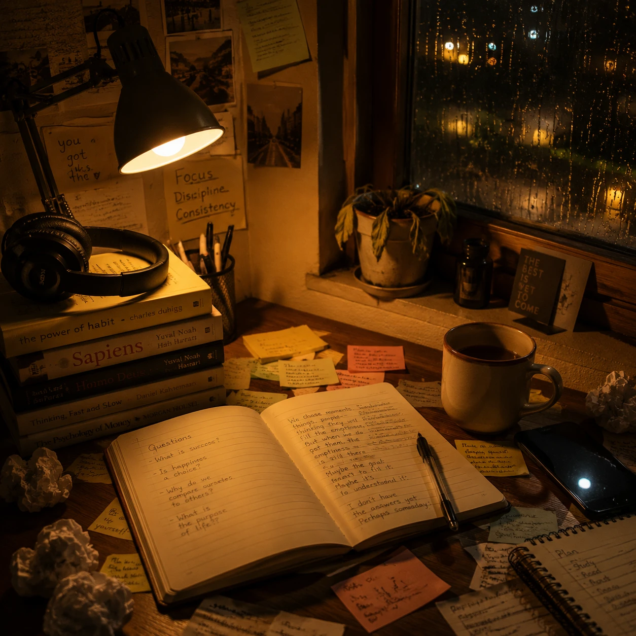 Escritorio de estudio cálido con diario, libros y té