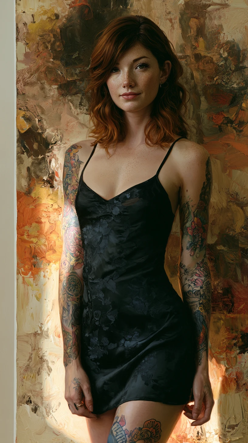 Mulher tatuada de vestido preto em retrato de estúdio com clima acolhedor