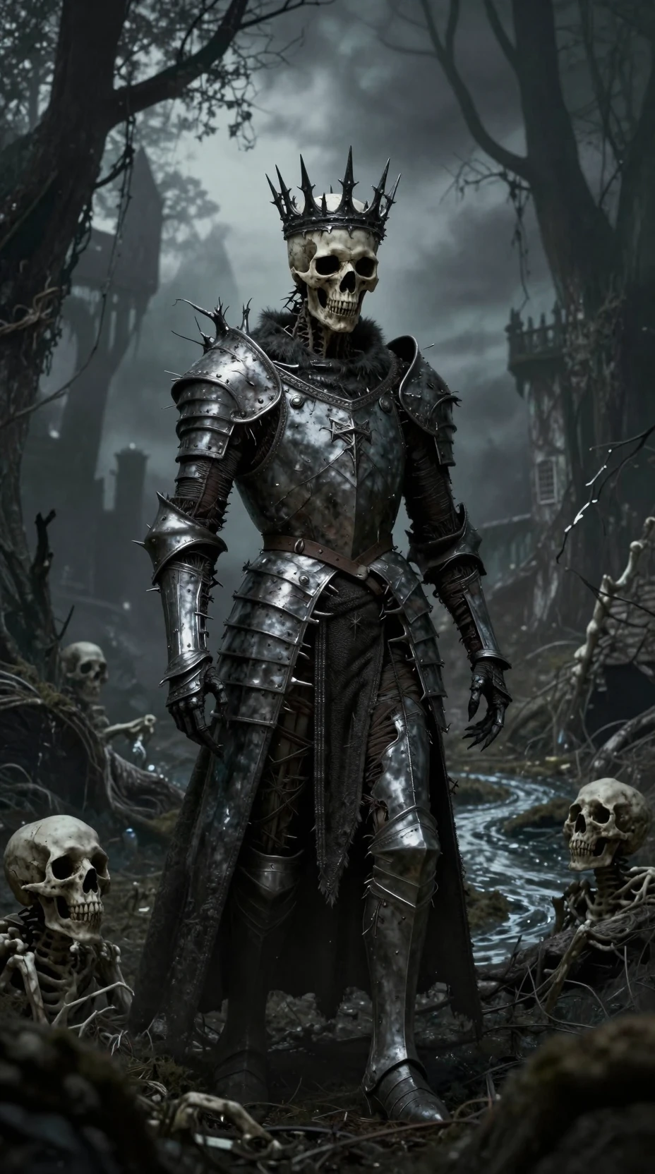 Roi mort-vivant errant dans un royaume médiéval fantastique en décomposition
