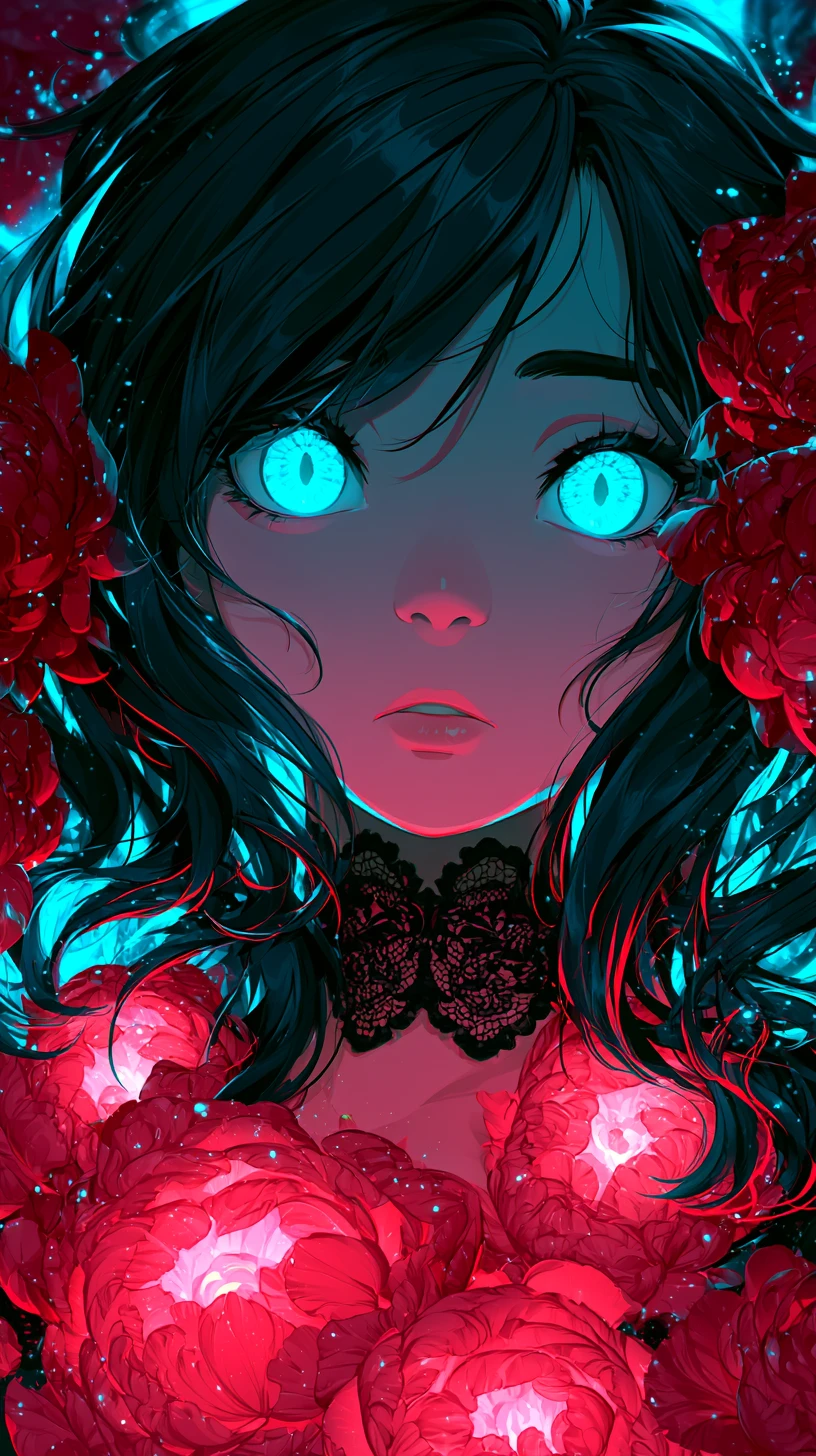 Anime-Mädchen mit cyanblauen Augen und leuchtendem roten Pfingstrosen-Choker