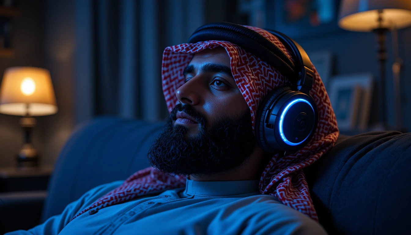 Joven relajándose con auriculares gamer en un sofá azul