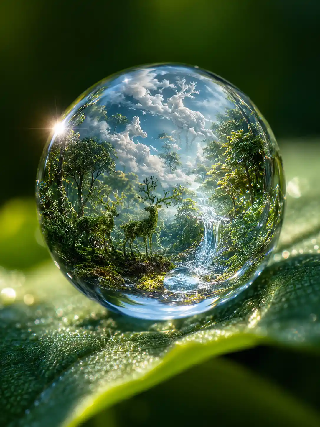 葉片上的微距水滴懷抱一座迷你森林