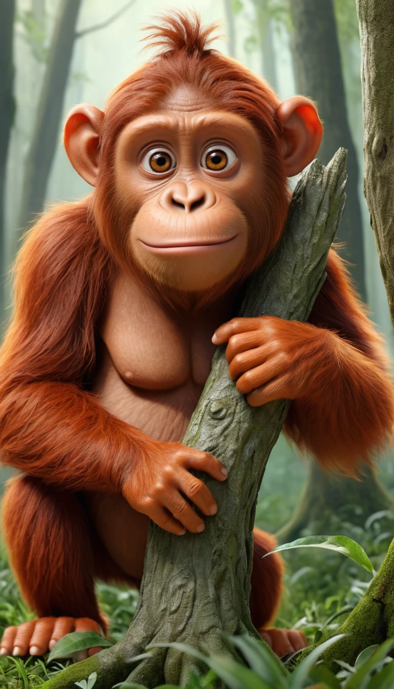 Niedriger junger Cartoon-Orang-Utan, der nachdenklich auf einem Baumstumpf sitzt