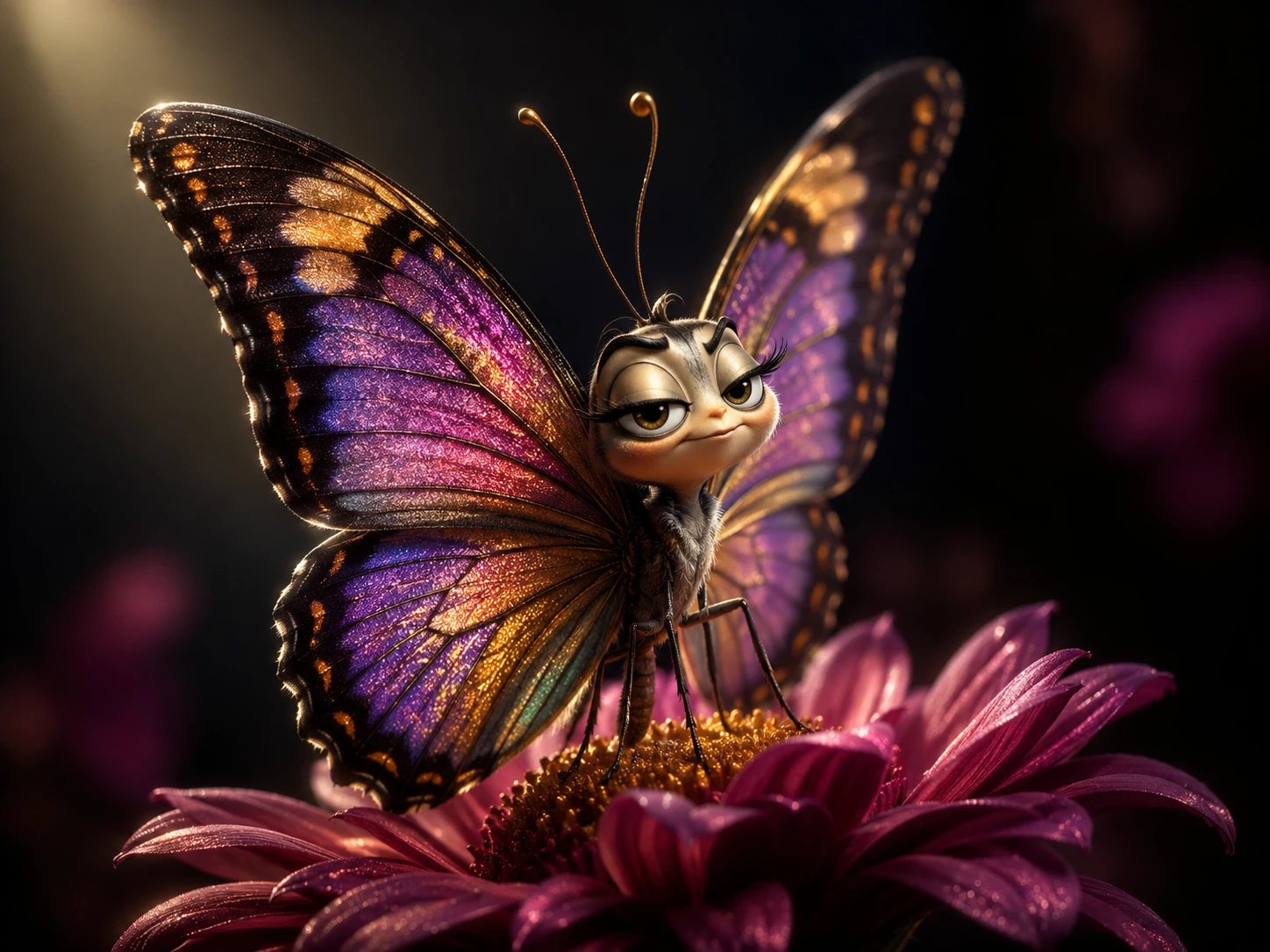 Mariposa 3D cinematográfica con ojos expresivos sobre flor luminosa
