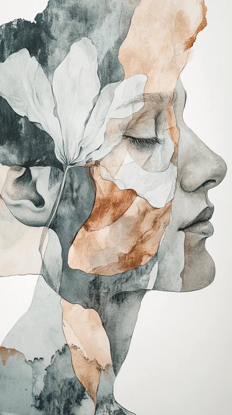 Abstrakte botanische Formen in geschichteter Aquarell- und Tinten-Collage