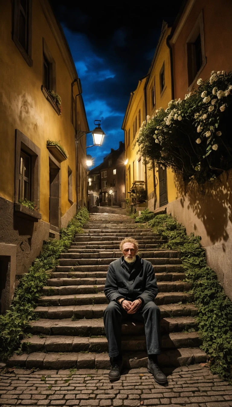 Vieil homme sur des marches en pierre regardant une fleur blanche lumineuse