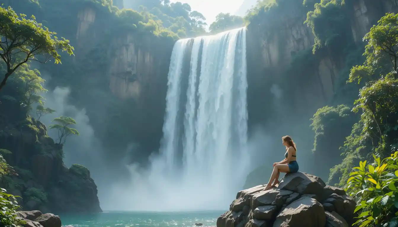 Ragazza seduta su una roccia davanti a una cascata in una foresta rigogliosa