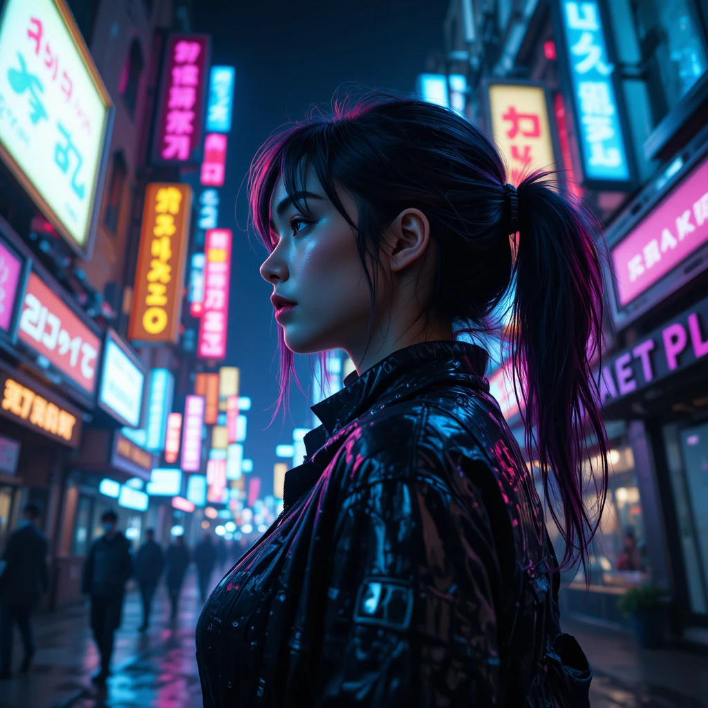 Cyberpunk-Mädchen im Profil auf neongetränkter Stadtstraße