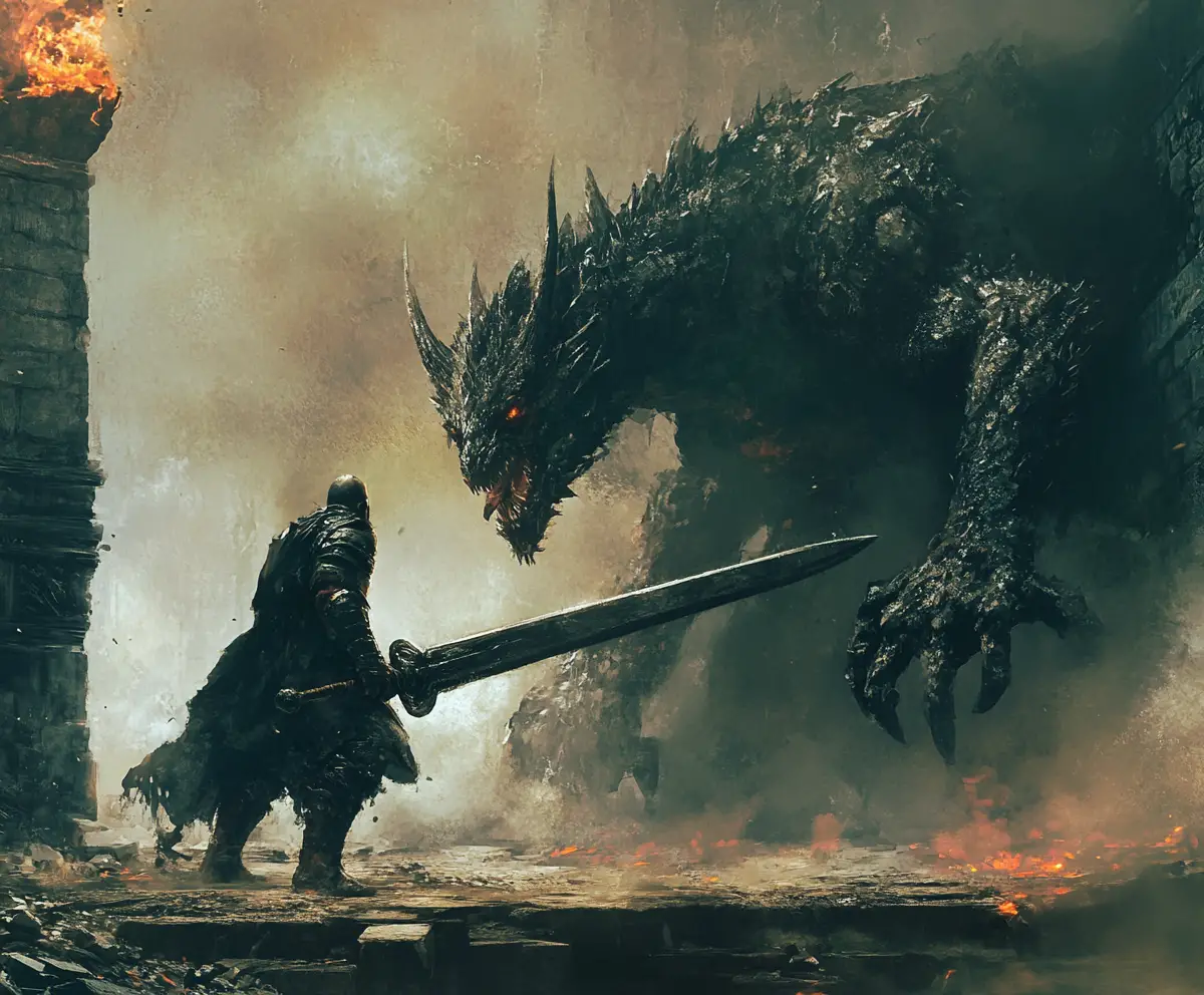 Chevalier médiéval face à un dragon colossal sur un sol de pierre en ruine