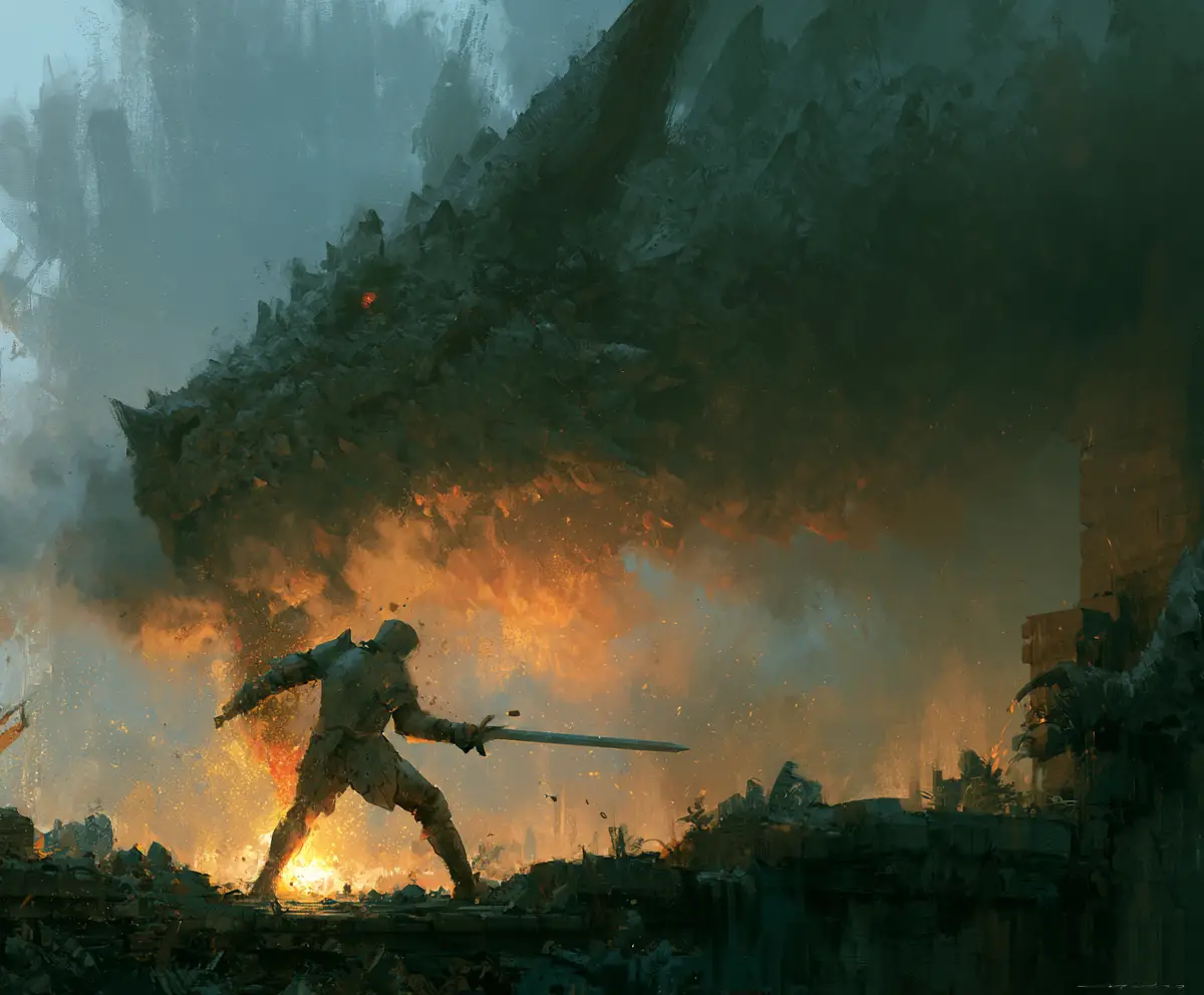 Chevalier médiéval face à un dragon gigantesque sur des ruines de pierre