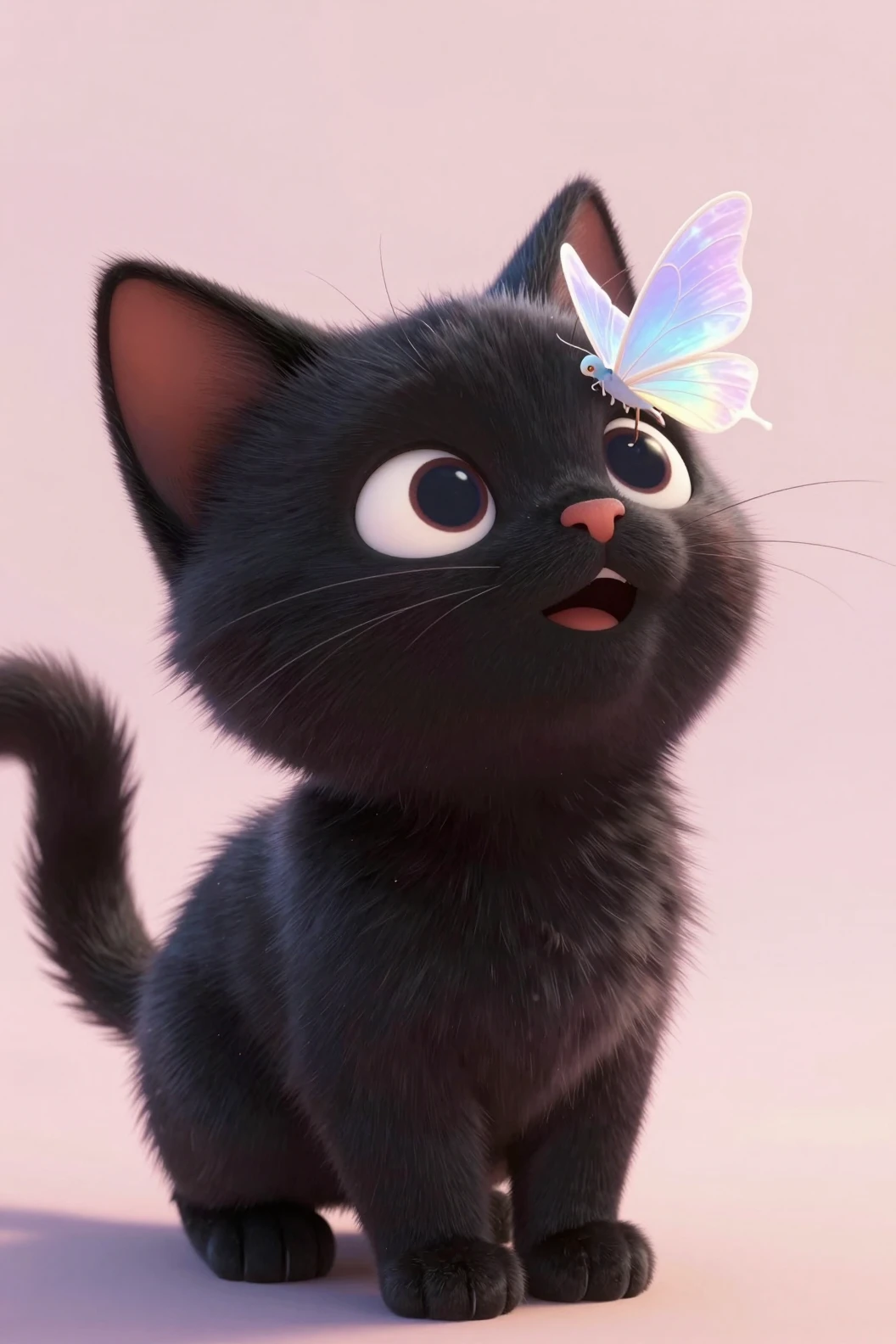 Gatinho preto brincalhão com fada no nariz em cena em tons pastéis
