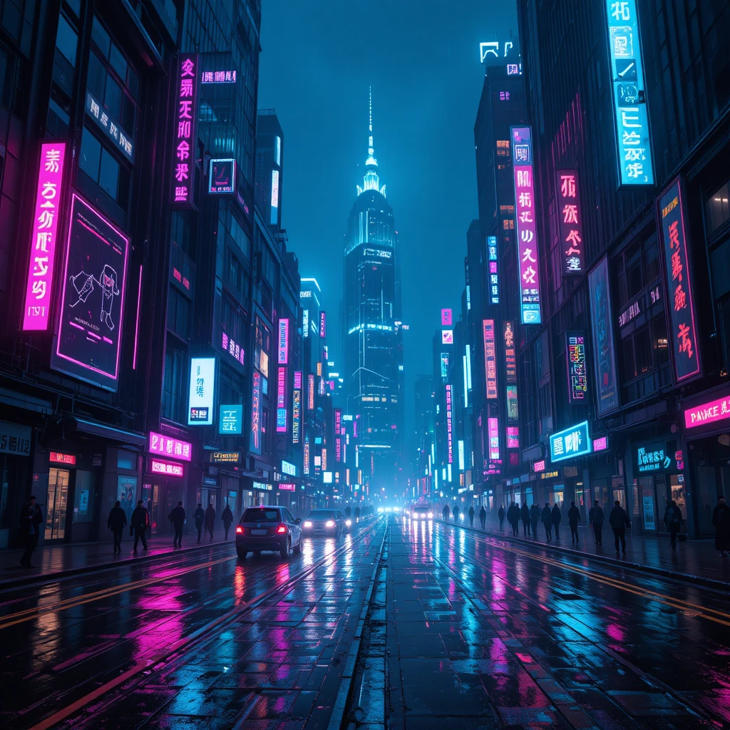 Skyline di città cyberpunk sotto la pioggia al neon di notte