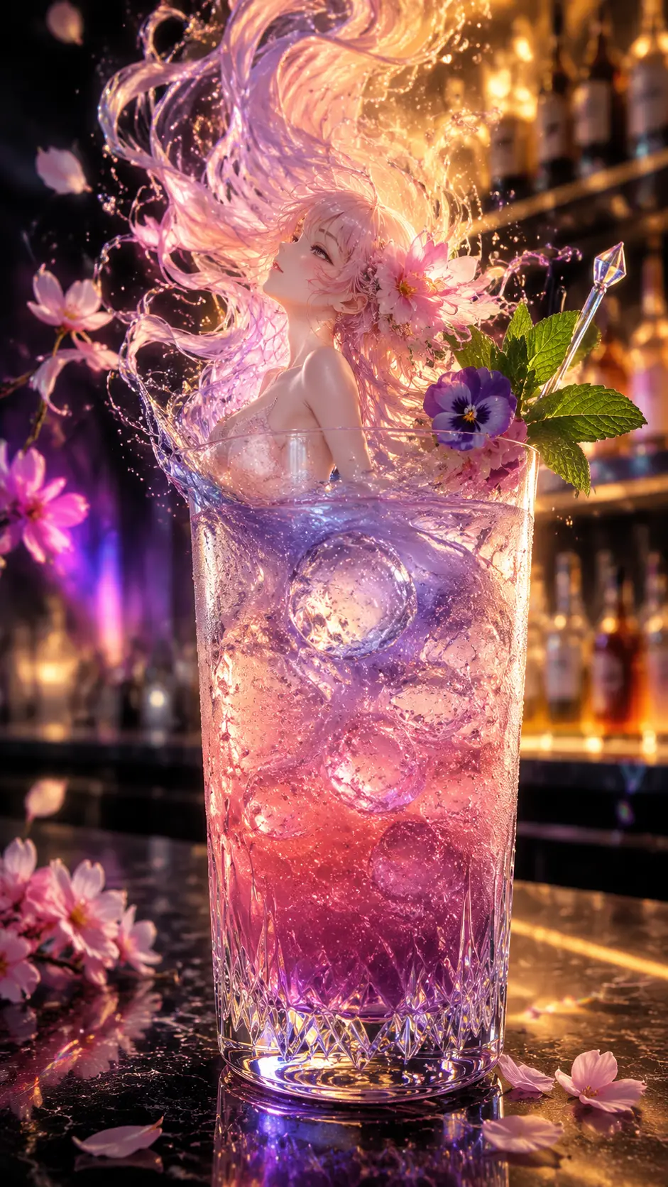 Ragazza anime che emerge da un bicchiere da cocktail di cristallo