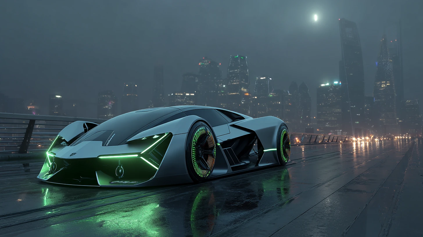 Carro prateado futurista sob céu iluminado pela lua perto de cidade distante