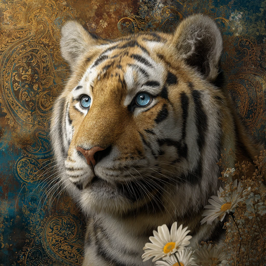 Portrait majestueux de tigre aux yeux bleus et motifs dorés