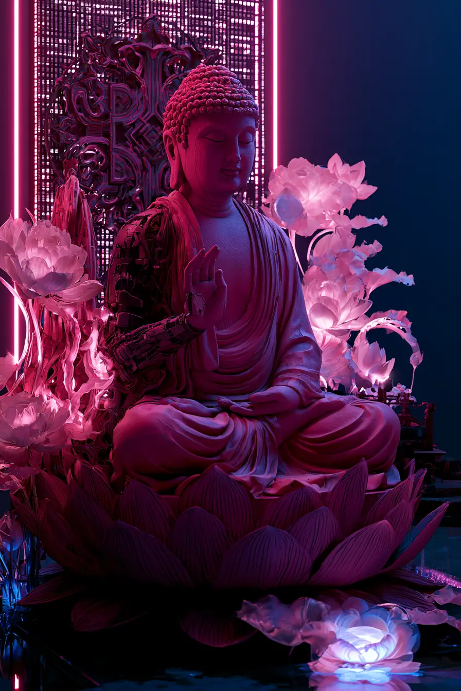 在深粉紅蓮花上冥想的賽博龐克佛陀