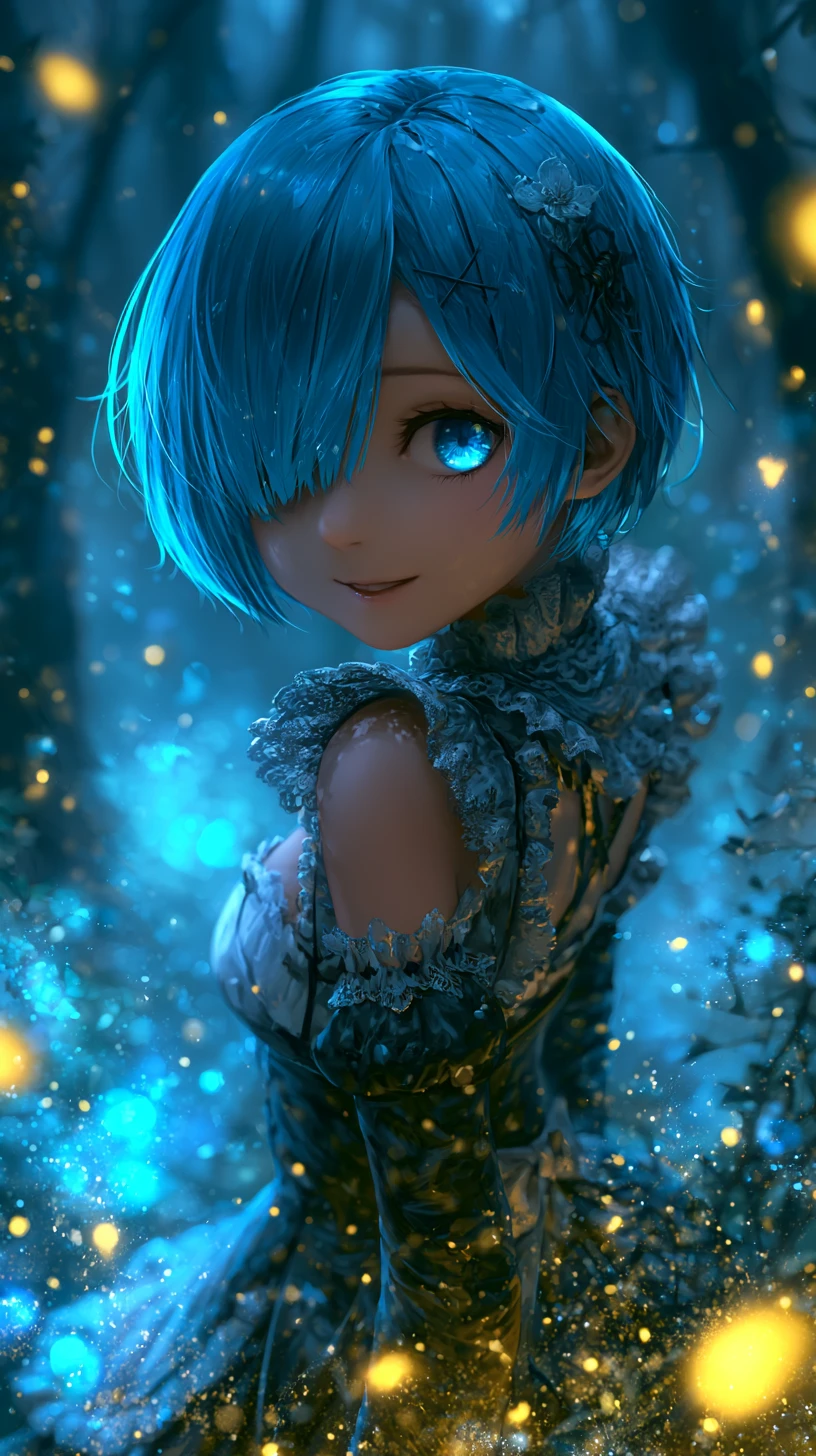 發光魔法森林中的動漫女僕少女
