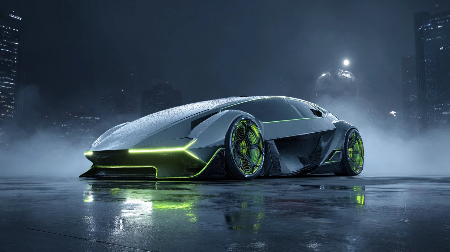 Carro prateado futurista sob um céu urbano enevoado e iluminado pela lua