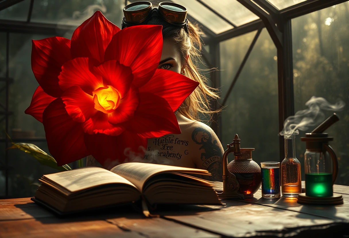 Alquimista steampunk com flor carmesim em chamas