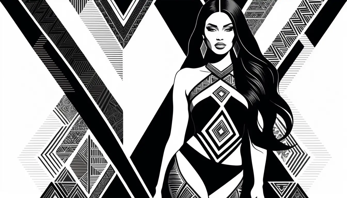 Blackwork fashion model on geometric tribal runway illustration