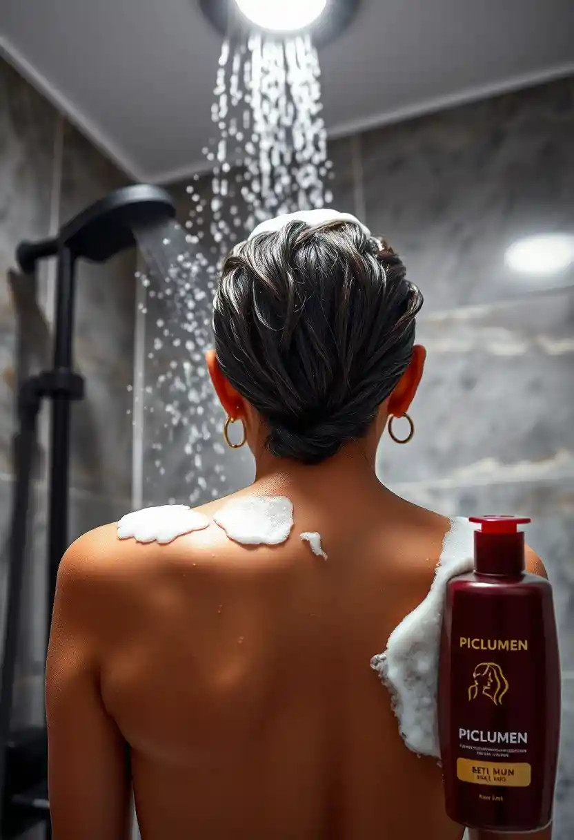 Femme arabe sous la douche avec gouttes d’eau et mousse de savon
