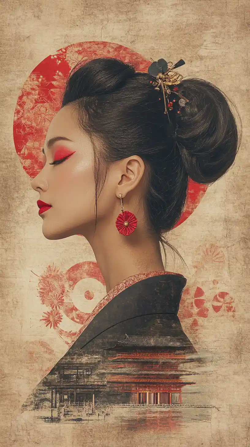 Stilles Profil einer rothäugigen Frau in japanischer Fantasie
