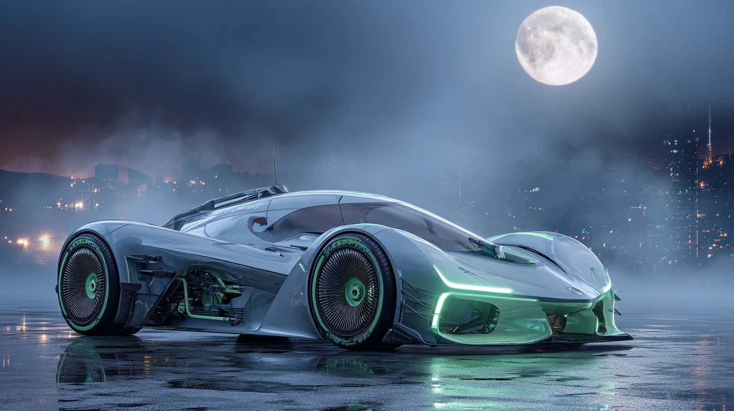 Carro prateado futurista sob o céu urbano iluminado por lua e neon