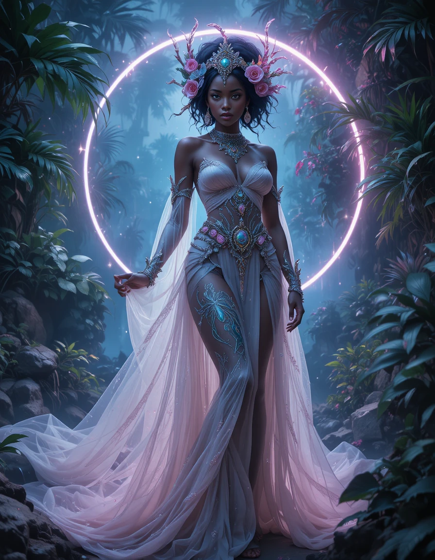 Full body fantasy portrait of an alluring African sorceress