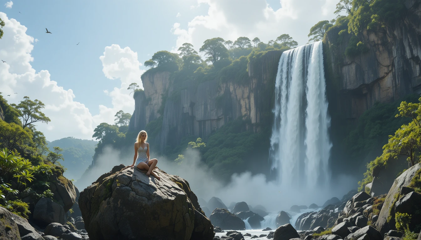 Ragazza su una roccia ammira una alta cascata in una foresta rigogliosa